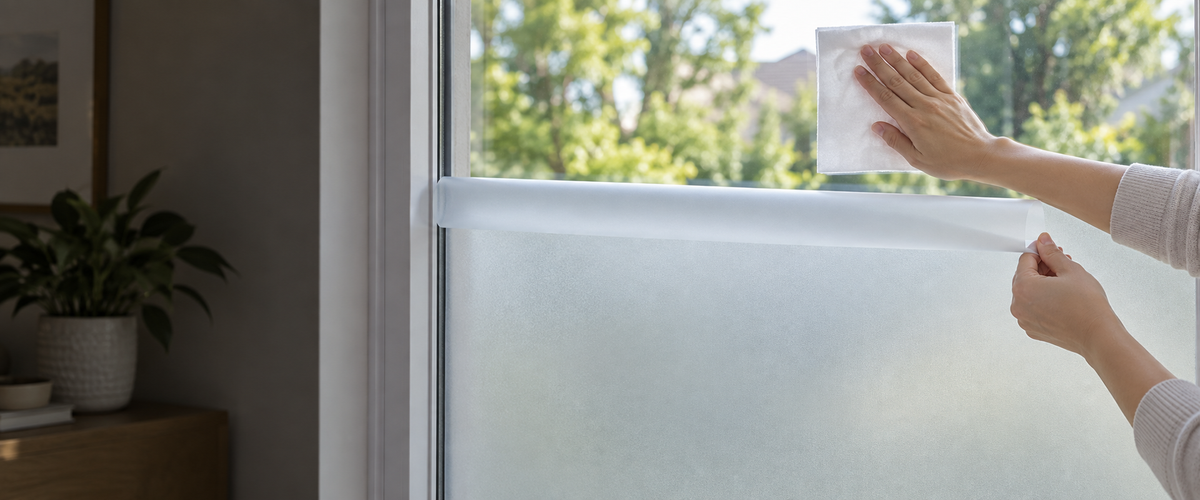 A frosted window film being applied to the lower half of a window, one hand lifting the film's top edge while the other smooths the glass above with a cloth.