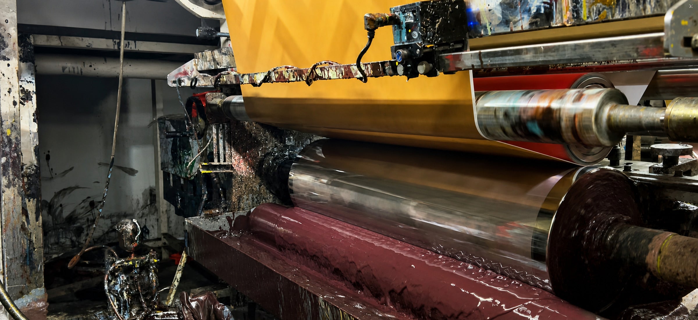 A wide printing press running decorative film, inked rollers laying colour onto the web as the printed film comes off the line.