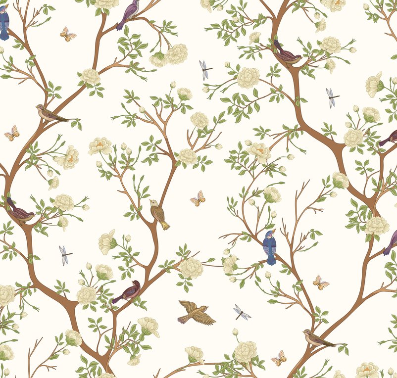 Floral peel-and-stick wallpaper pattern with birds and blossoming branches on cream