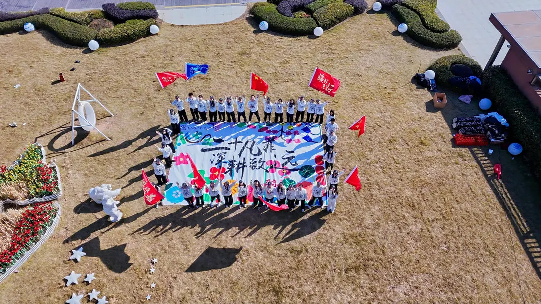 Aerial view of the FancyFix team gathered around a hand-painted banner at a company event.