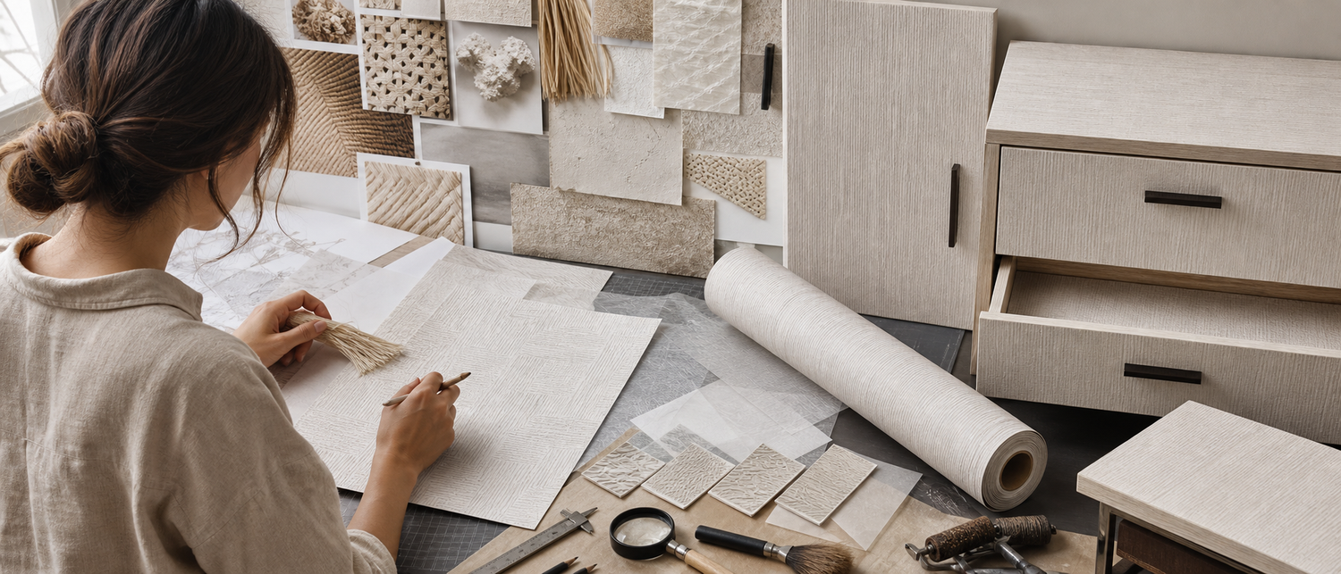 A designer sketching over textured wall covering samples with a magnifier and a roll