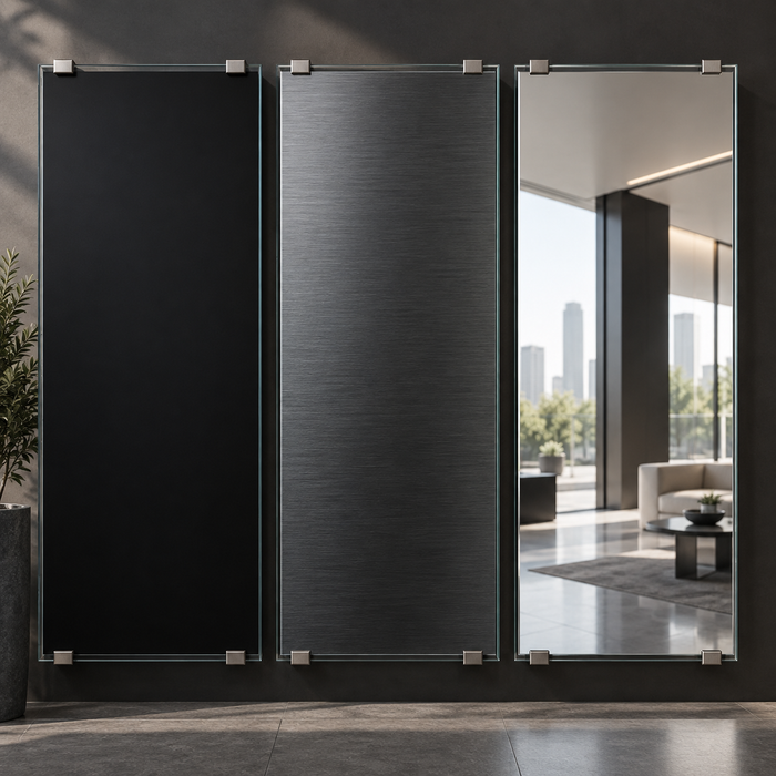 Three glass panels on a wall showing opaque black film, brushed black film, and mirror film.