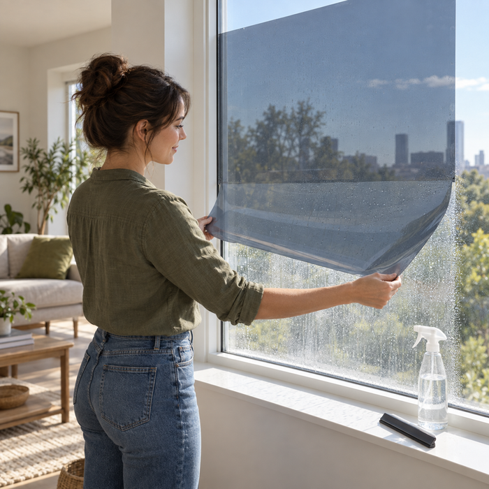A woman lifting a grey tinted film panel back from a wet window, with a spray bottle and a squeegee on the sill.