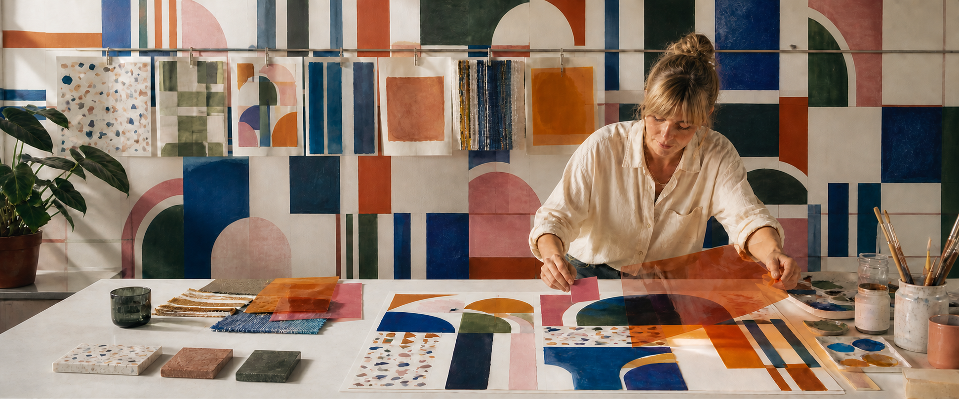A designer laying a translucent film sheet over a geometric colour-block artwork on a studio worktable, with swatches pinned behind