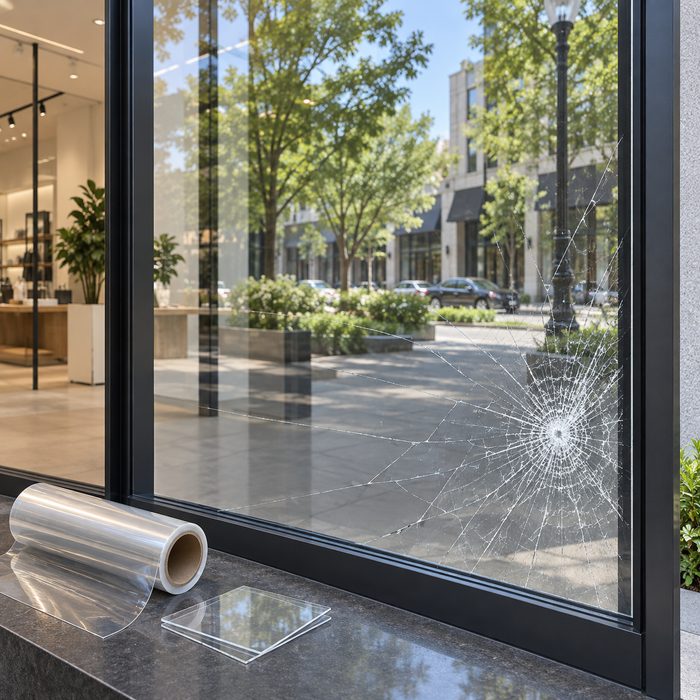 A shopfront pane with an impact crack held in place by clear safety film, with a roll of the film and a sample square on the sill.