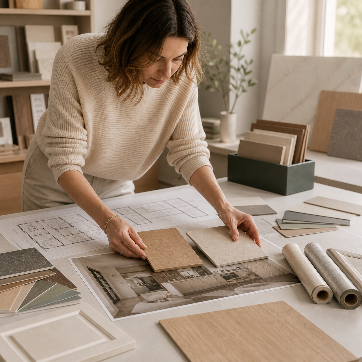 A designer laying out floor and furniture film samples across a project drawing