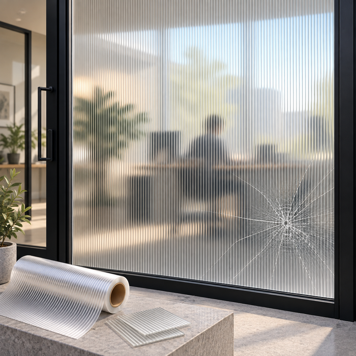 Reeded safety film on office glazing blurring the room behind it while holding an impact crack in place, with a roll and samples on the ledge.