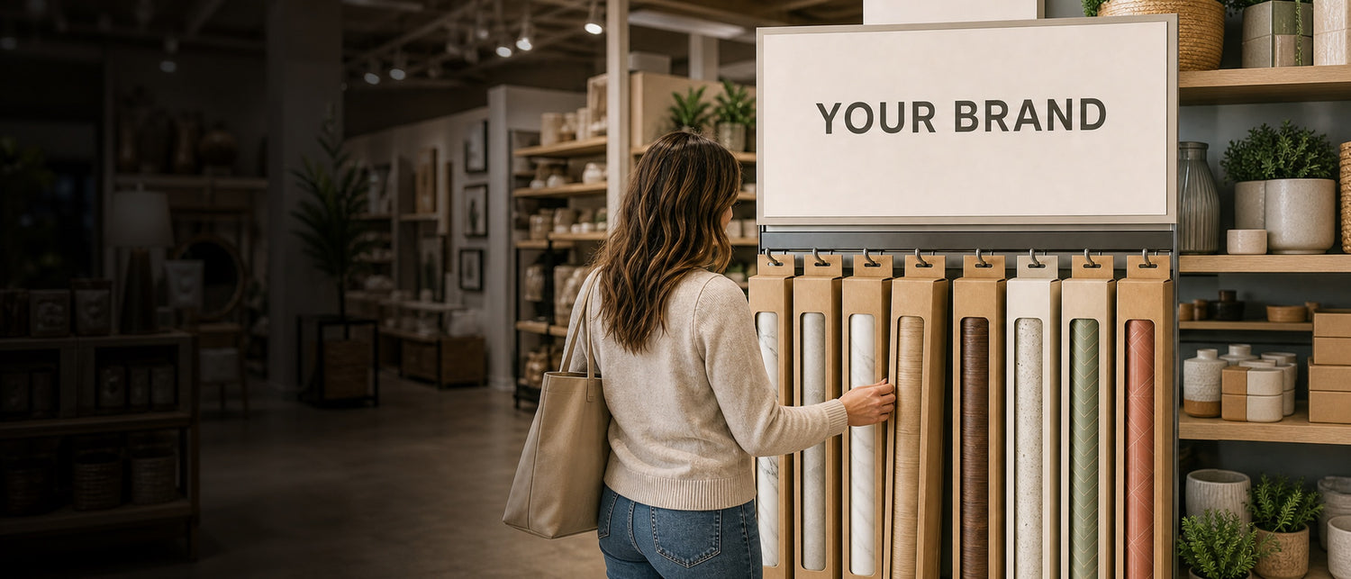 A shopper pulling a roll from a branded retail display of decorative and privacy film in a home-goods store.