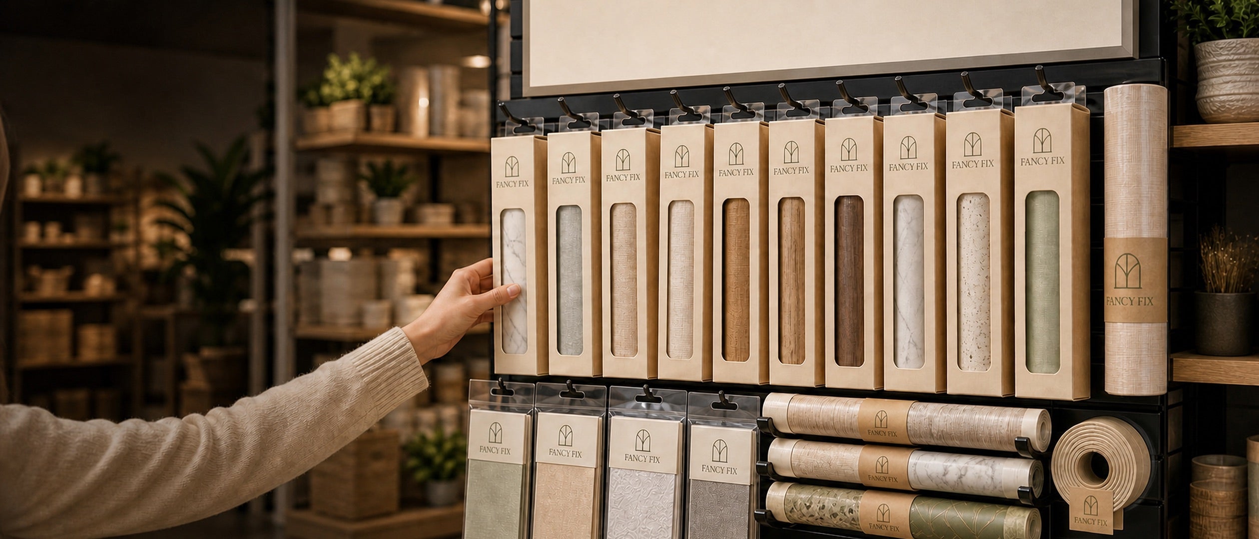Rolls of decorative surface film on a retail display rack, under a blank header sign reading Your Brand