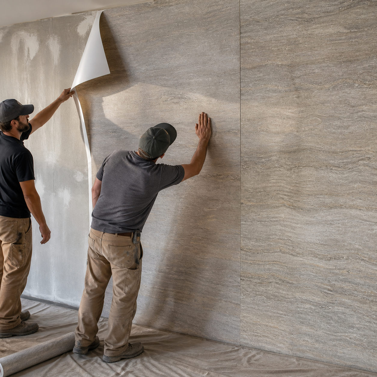 Two installers applying stone-look wall covering over an existing wall