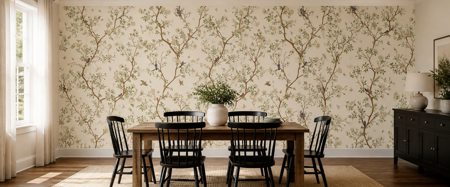 Botanical branch-and-bird peel-and-stick wallpaper covering a dining room wall