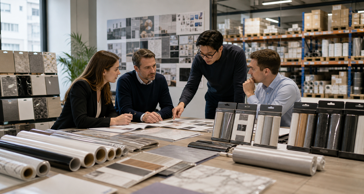 Four people reviewing sample books and retail-packaged film rolls at a table, with warehouse racking behind