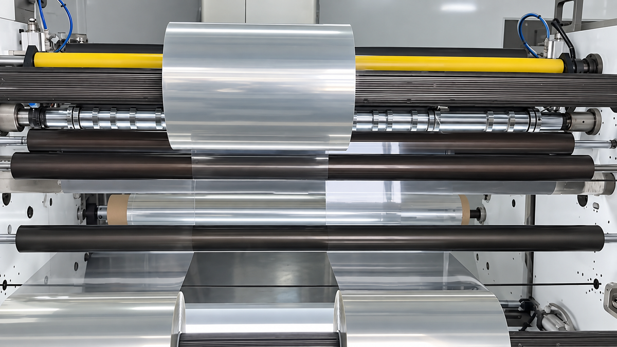 Clear polyester window film running over the rollers of a slitting and rewinding line.
