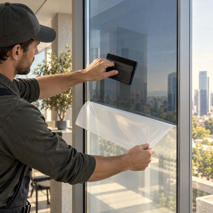 An installer pressing film onto a tall window with a squeegee while peeling the release liner away from the lower edge, with city towers reflected in the glass.