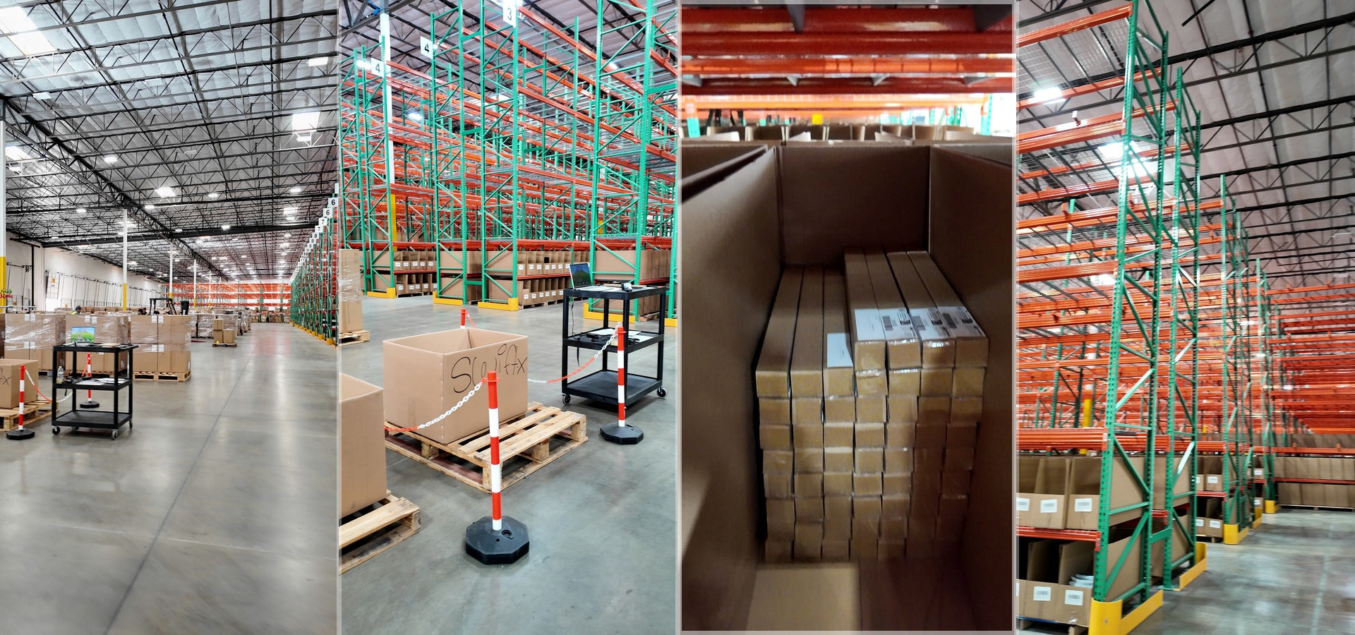 Four photos inside a local-stock warehouse: racked aisles, cartons on pallets, and boxed film staged for shipment.