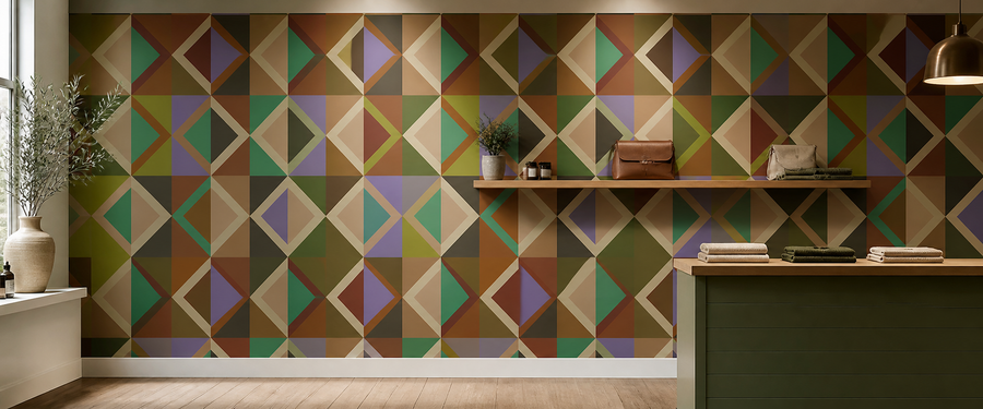 Bold geometric peel-and-stick wallpaper on a retail display wall with an open shelf