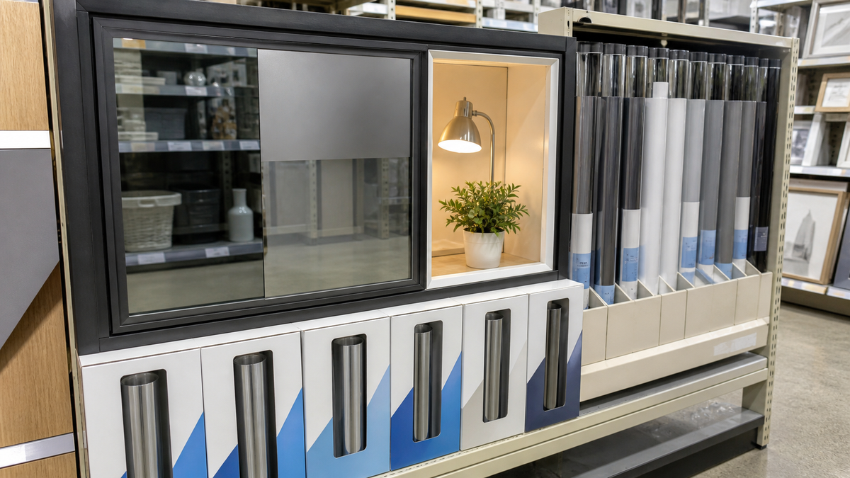 A retail fixture showing window film on a demonstration pane, with film rolls and retail packs stocked in the bins below.