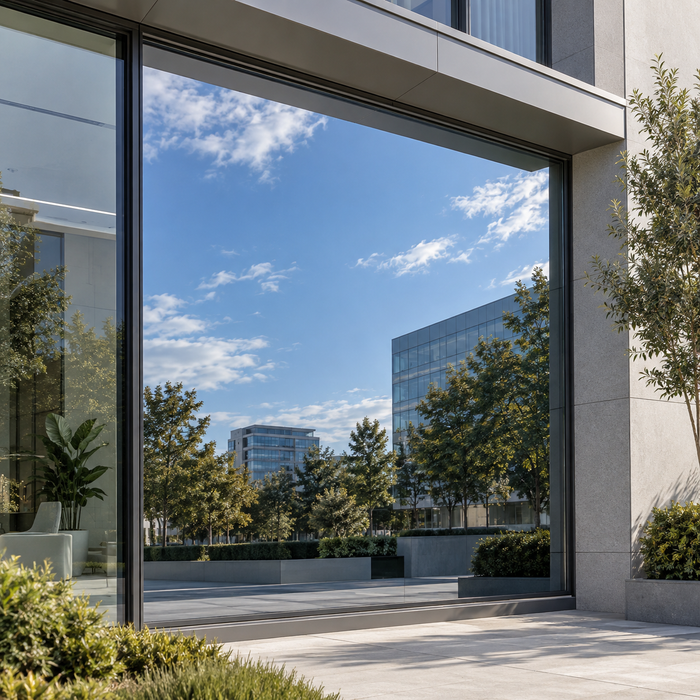 A large ground-floor window reflecting blue sky, trees and office buildings like a mirror, with only a faint view of the room behind at the left edge.