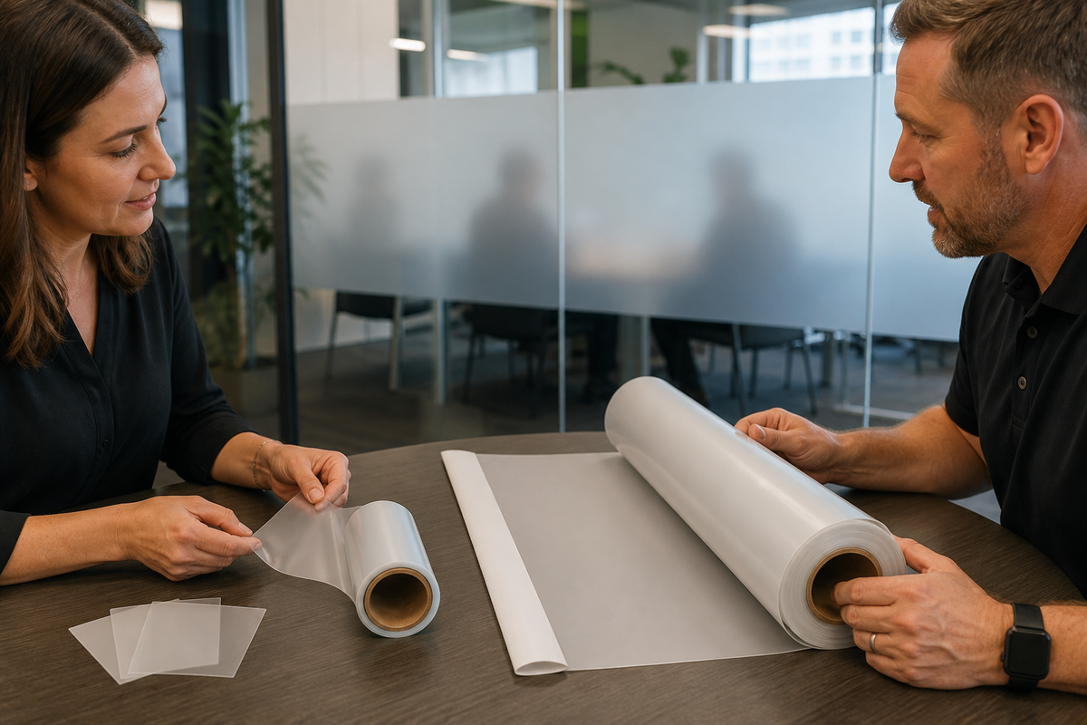 Two people at a table comparing a small retail roll of film with a large project roll, in an office with frosted glass partitions behind them.