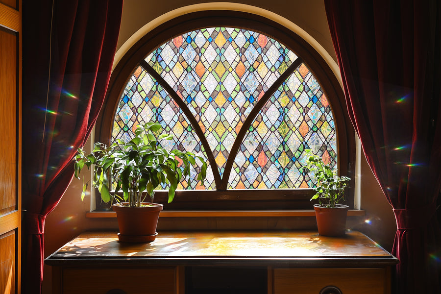 Geometric stained glass window film in blue, green and yellow