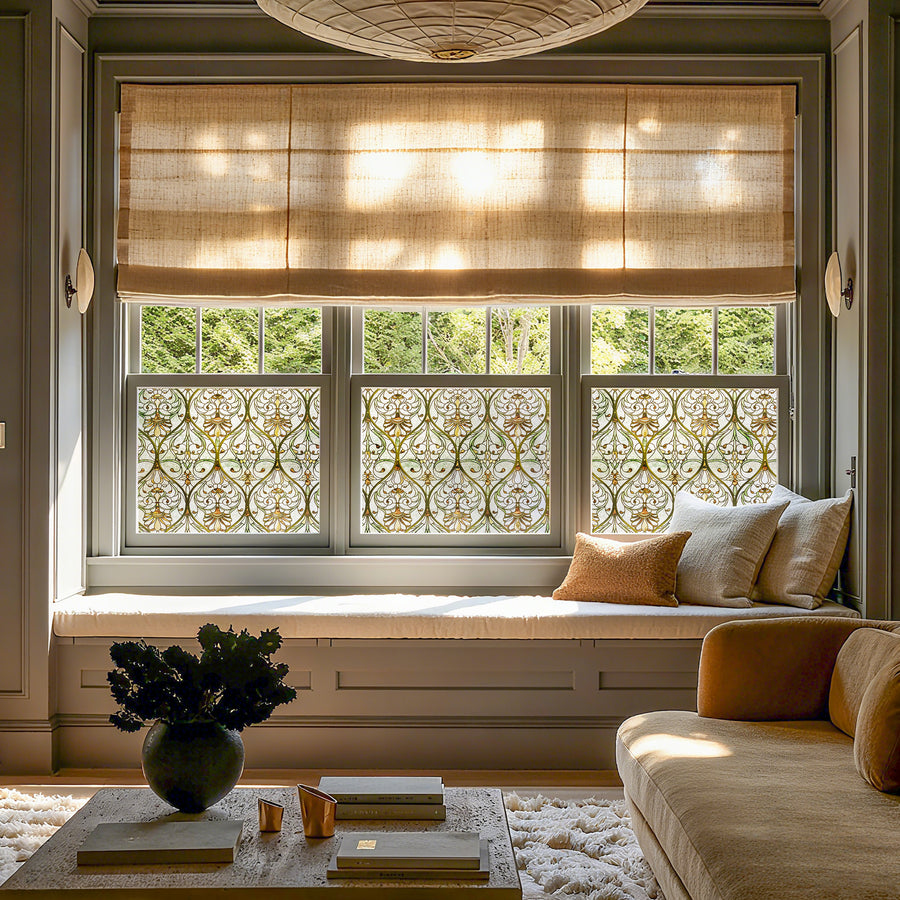 Morning Glory stained glass window film with orange and pink blooms in a kitchen window