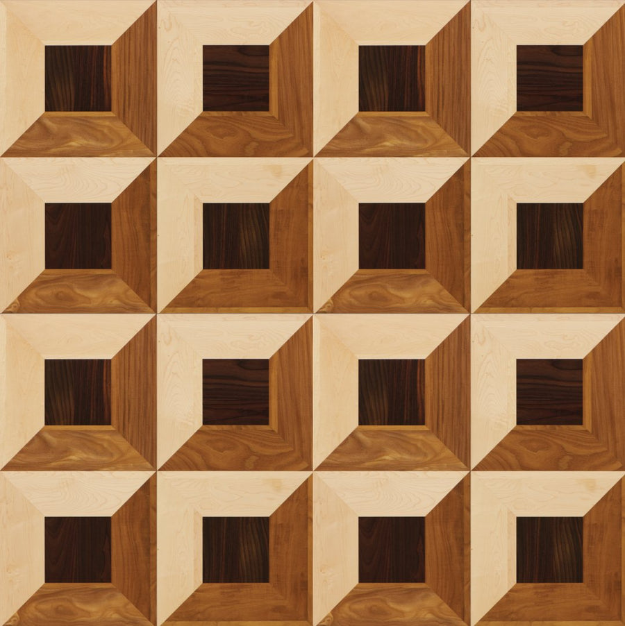 Wood-effect adhesive floor film pattern in a three-dimensional cube marquetry