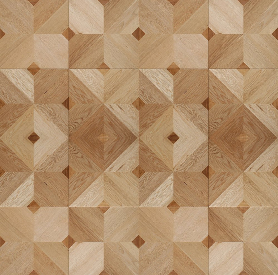 Wood-grain peel-and-stick wallpaper pattern in a light parquet marquetry layout