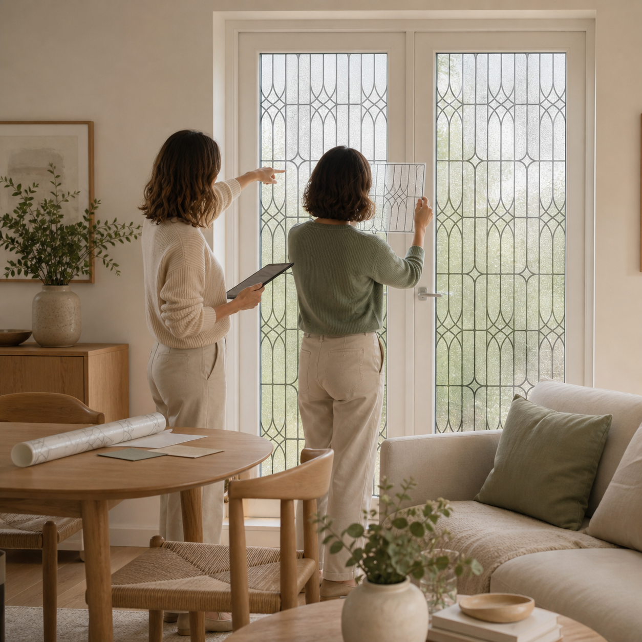 Diamond-lattice stained glass window film covering a full window