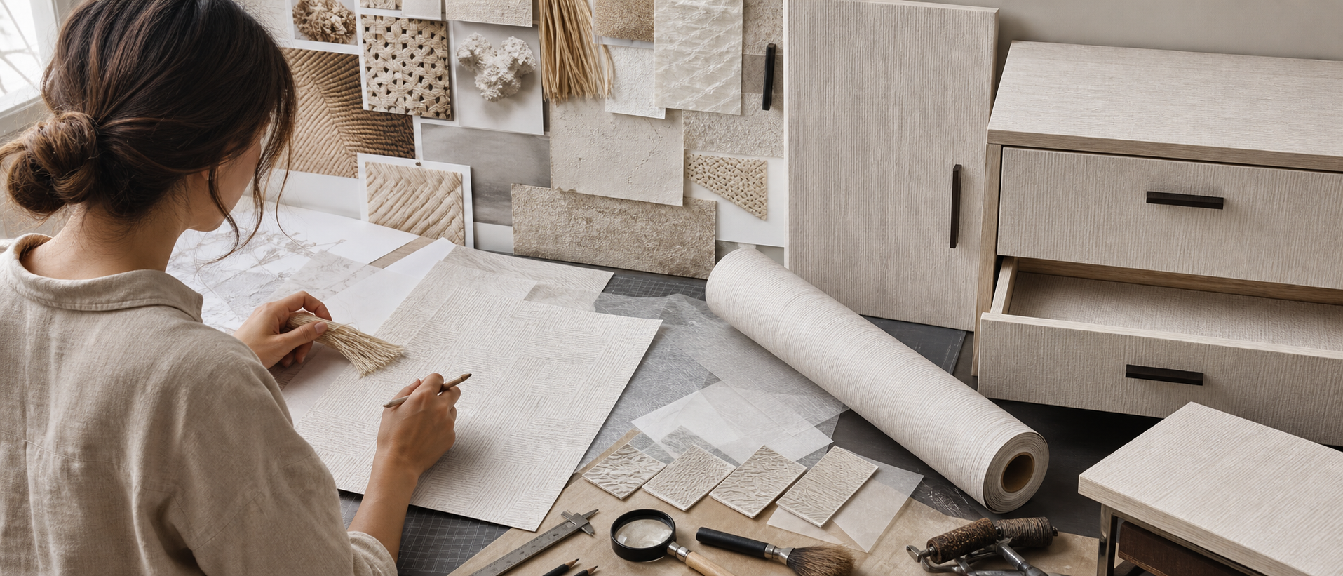 A designer sketching over textured wall covering samples with a magnifier and a roll