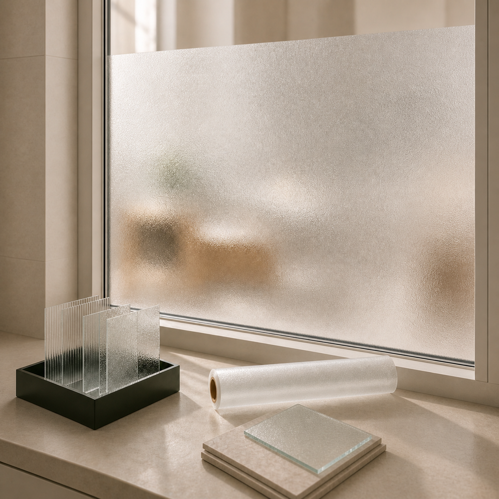 Diamond-lattice stained glass window film covering a full window