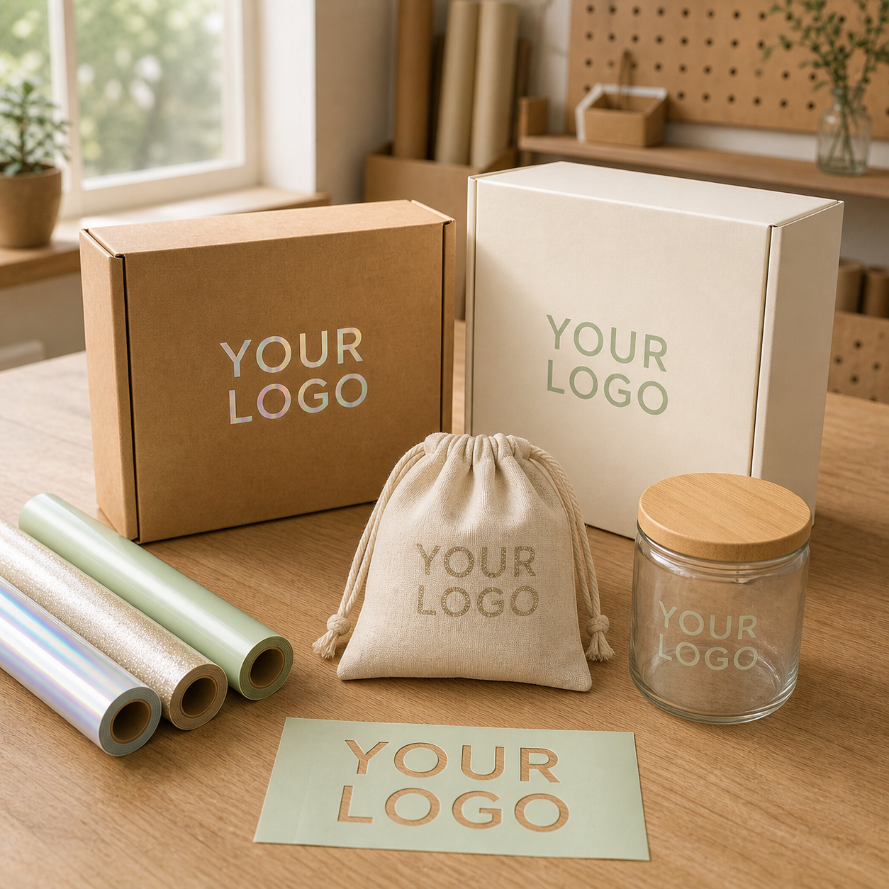 Craft vinyl and heat-transfer film applied as a custom logo across kraft gift boxes, a drawstring pouch and a glass jar