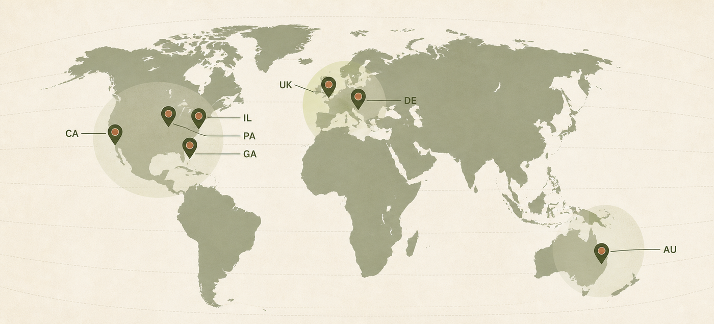 World map marking FancyFix stock locations: CA, PA, IL and GA in the United States, plus the UK, Germany and Australia.