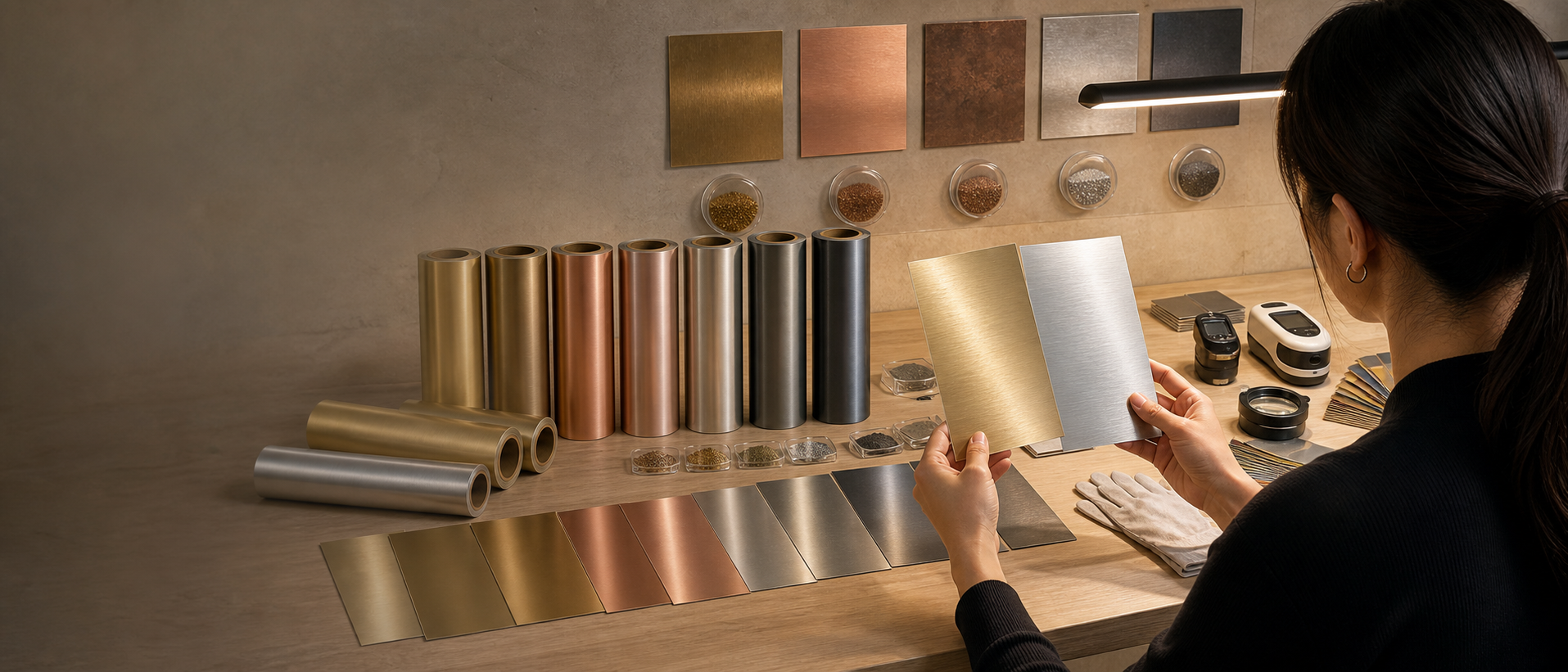 Rolls and sheets of metallic surface film in gold, copper and silver on a studio bench