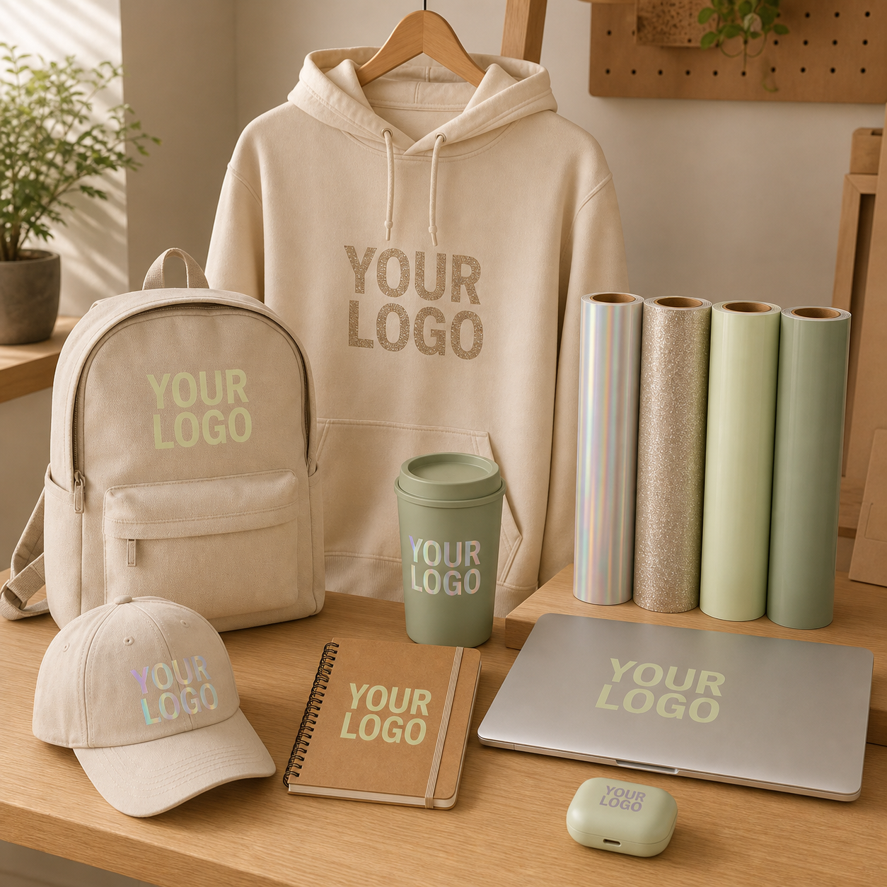 Heat-transfer vinyl branding a hoodie, backpack, cap, notebook and tumbler beside rolls of craft film