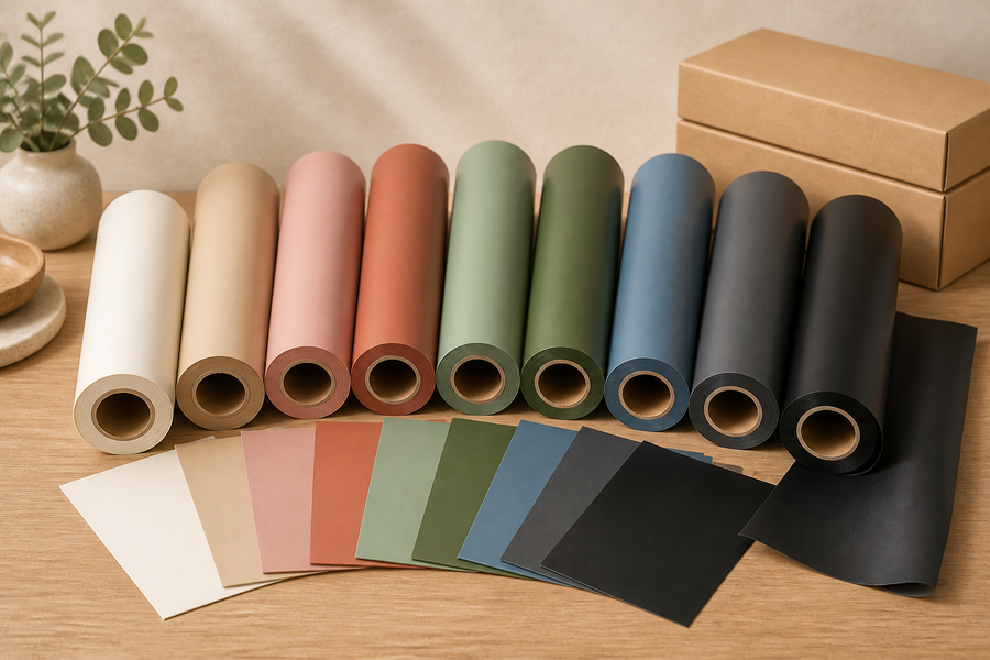 Rolls and cut sheets of matte craft vinyl in a muted colour range