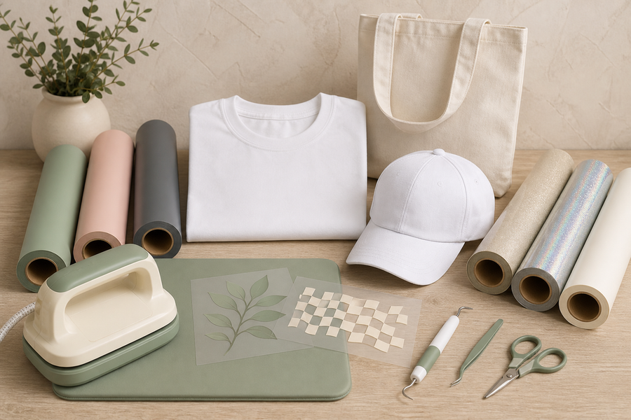 Blank apparel, a heat press and weeding tools set up for heat-transfer vinyl application