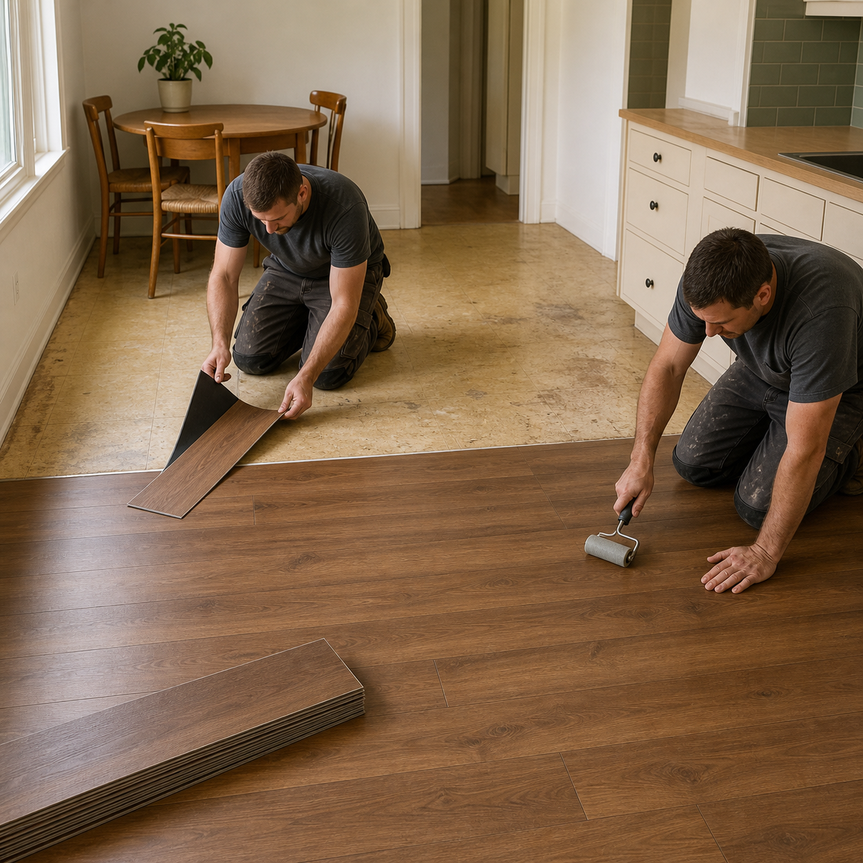 Two installers laying wood-effect adhesive floor film across a dining room floor