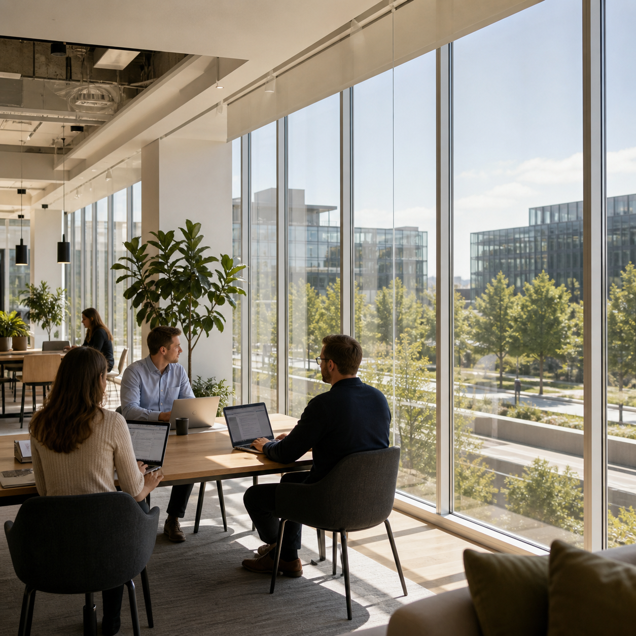 An office meeting area behind full-height glazing treated with solar control window film