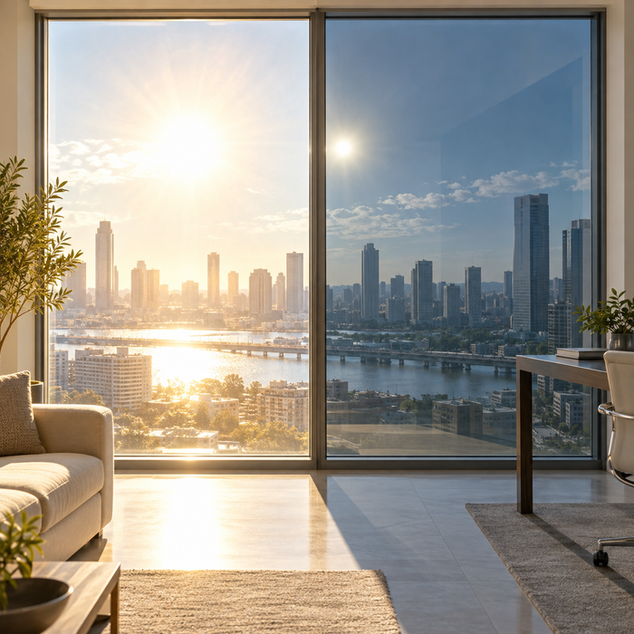 Two floor-to-ceiling windows over a city skyline: the left pane lets in strong sun glare, the right pane with tinted solar film shows a darker, glare-reduced view.