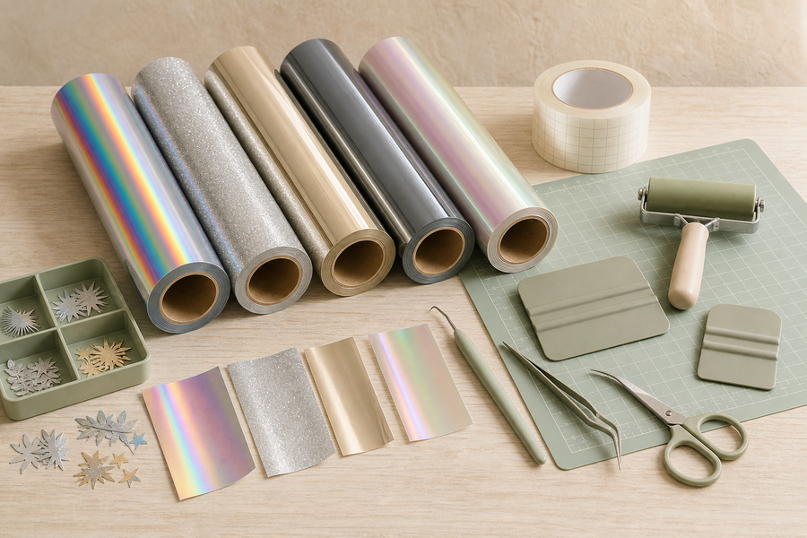 Metallic and holographic craft vinyl rolls with cut sheets, a cutting mat and weeding tools