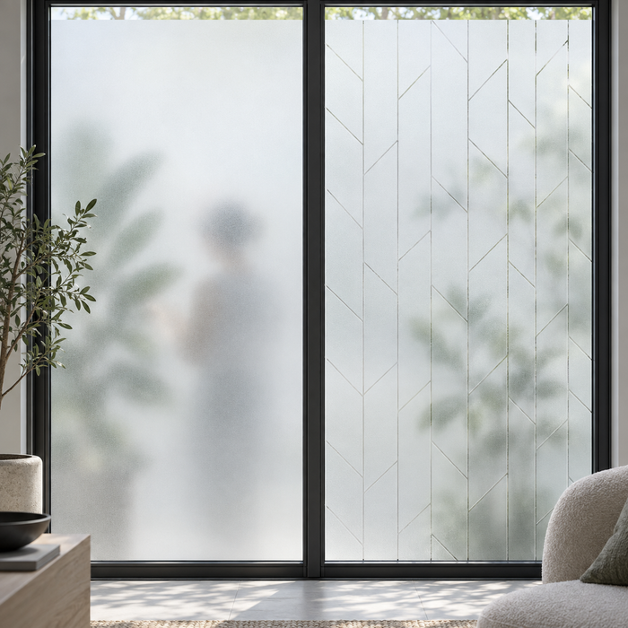 Two window panes side by side: plain frosted film blurring a figure behind the glass, and frosted film with a geometric line pattern.