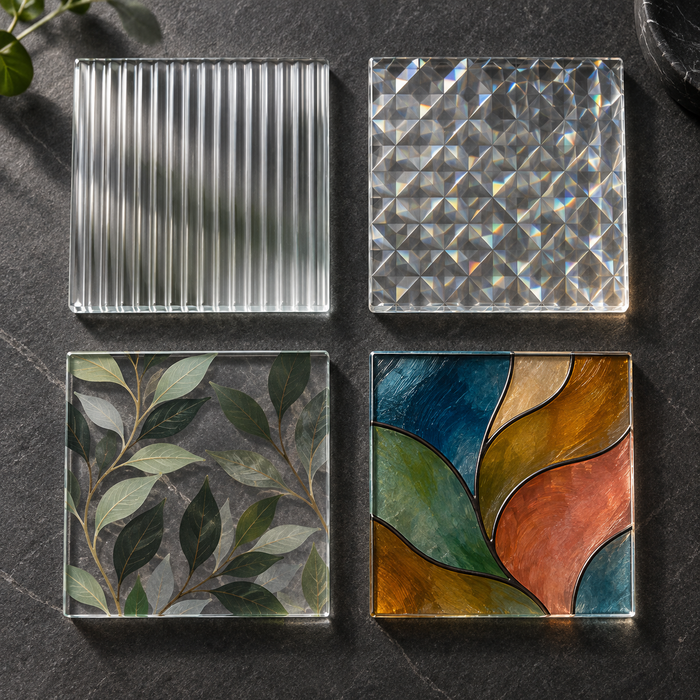 Four square film samples on a dark surface: vertical embossed ribs, a 3D prism refraction texture, a printed leaf pattern, and a painted stained-glass-look design.