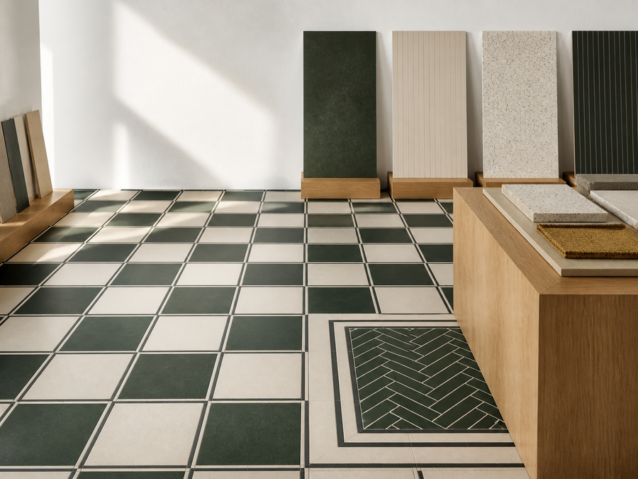 Checkerboard adhesive floor tile with a herringbone inset panel in a bright room
