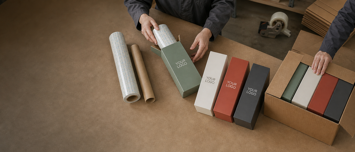 Overhead view of film rolls being boxed into retail sleeves printed with a blank Your Logo panel.