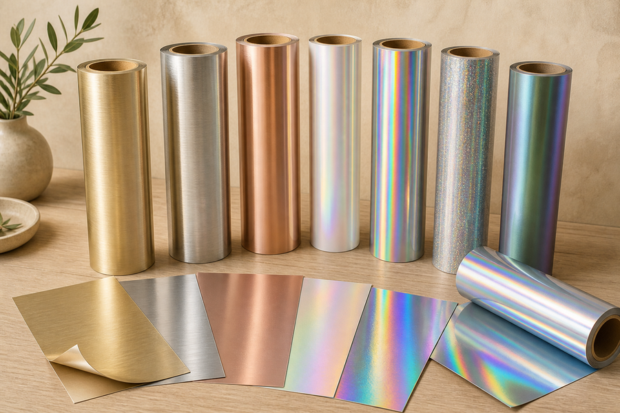 Gold, copper, silver and holographic craft vinyl rolls with sample cut sheets