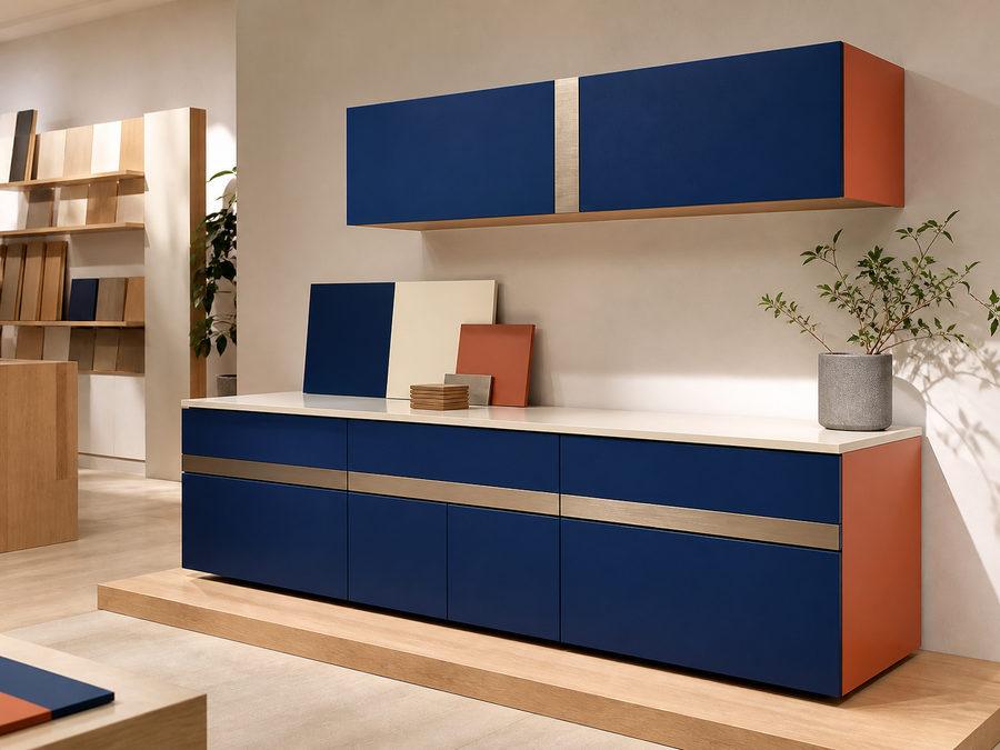 A kitchen run finished in deep blue cabinet film with wood-toned accent panels