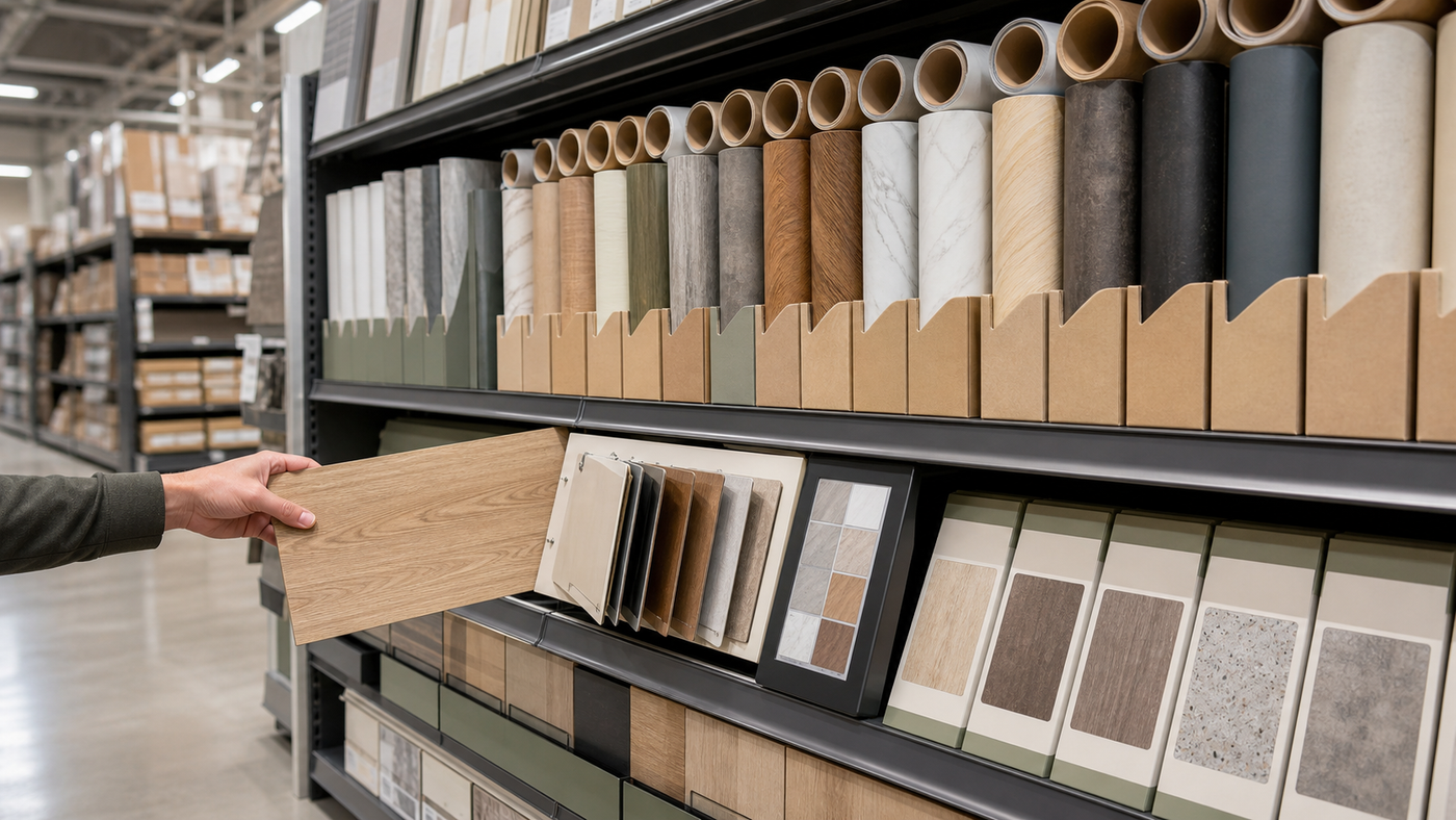 Retail display rack holding wood and marble surface film samples and sample books