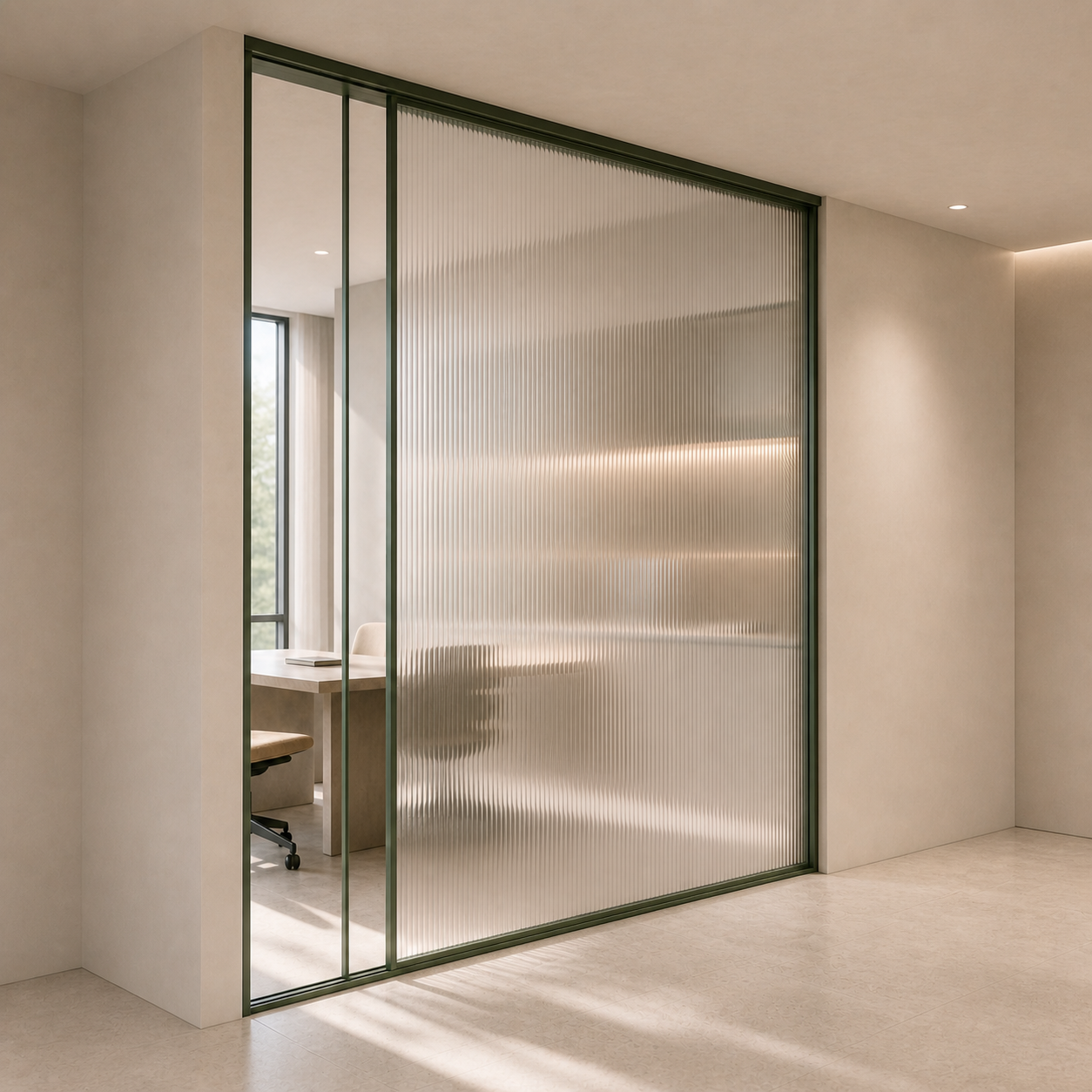 A frosted privacy window film partition enclosing a quiet office room