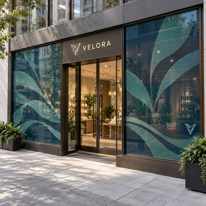 Perforated window film carrying a large leaf graphic across a shopfront window, the shelves and plants inside the store still visible through the punched holes.