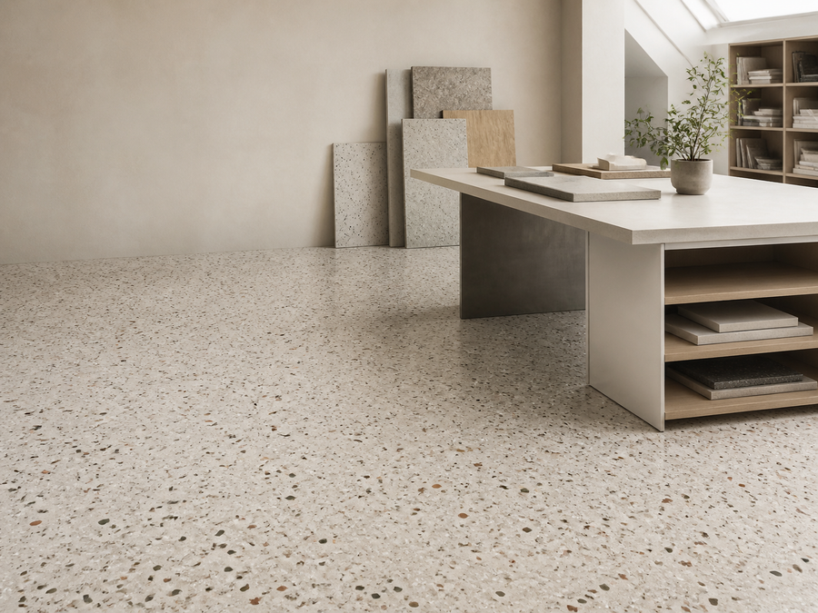 Terrazzo-effect adhesive floor film in an open room with surface sample boards